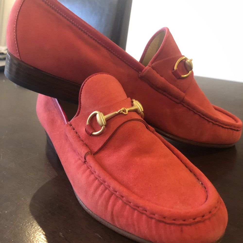 Gucci hibiscus red horsebit loafers